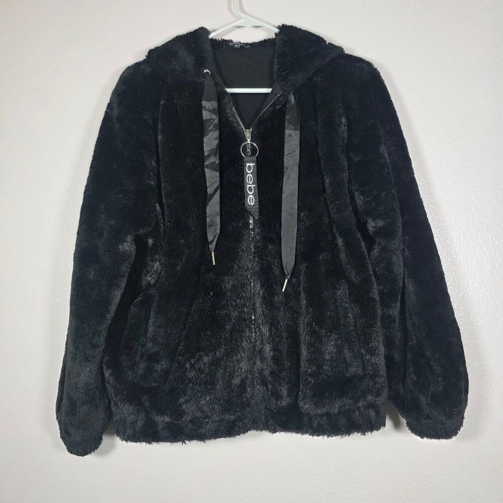 Bebe Sport Plush Faux Fur Zip Hoodie Jacket Black Logo Hood Women's M